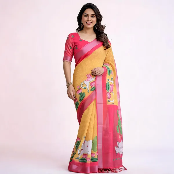 Yellow_&_Pink_Linen_Cotton_Floral_Printed_Saree_For_Women