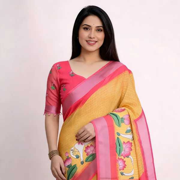 Yellow_&_Pink_Linen_Cotton_Floral_Printed_Saree_For_Women