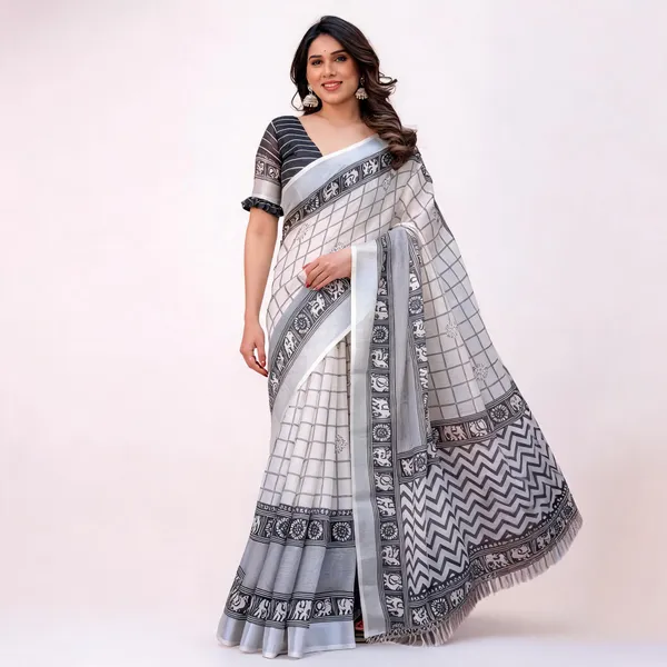 White_&_Grey_Linen_Cotton_Elephant_Border_Saree_For_Women