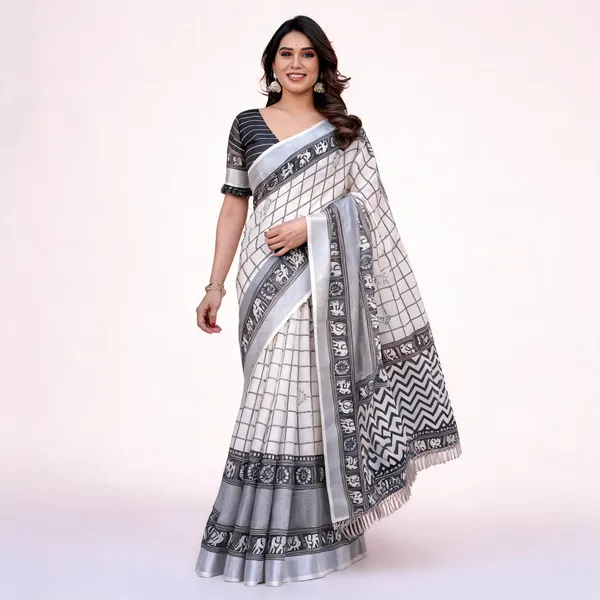 White_&_Grey_Linen_Cotton_Elephant_Border_Saree_For_Women