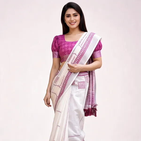 White_Linen_Cotton_Pink_Printed_Border_Saree_For_Women