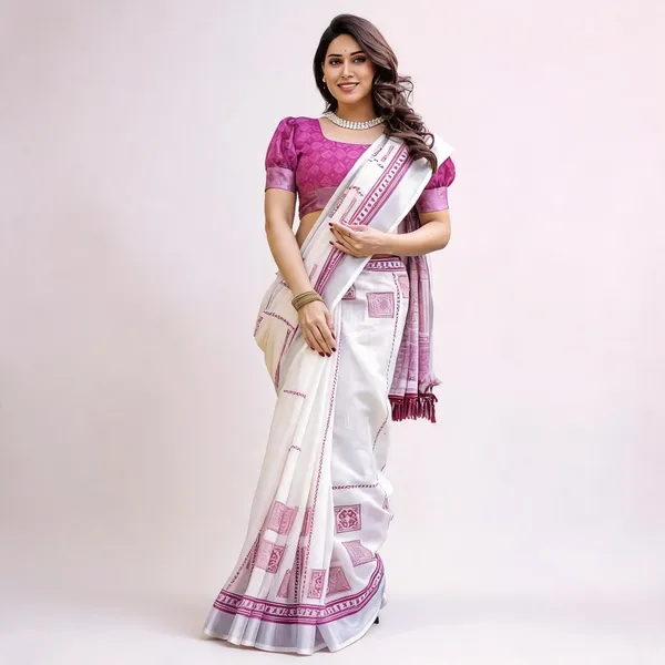 White_Linen_Cotton_Pink_Printed_Border_Saree_For_Women