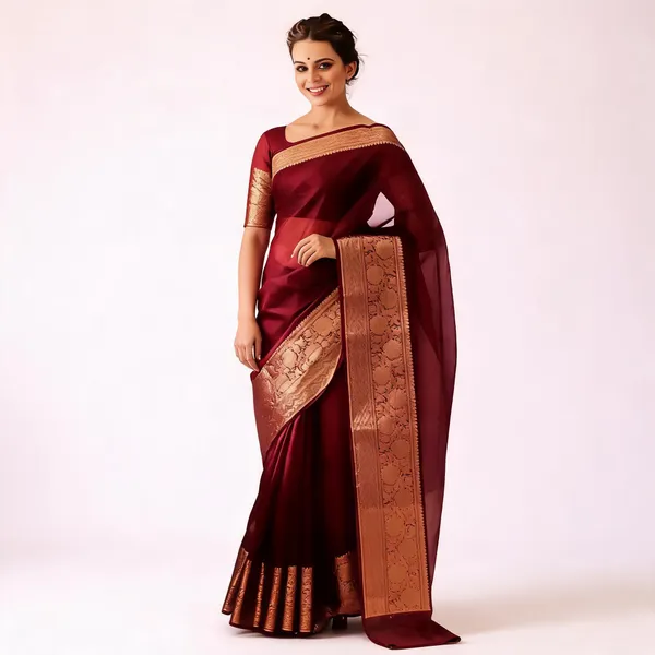 Maroon_Kanjivaram_Organza_Zari_Border_Saree_For_Women