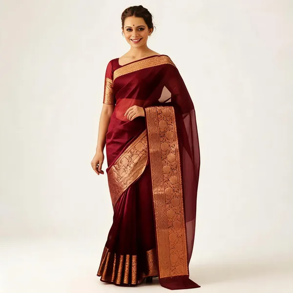 Maroon_Kanjivaram_Organza_Zari_Border_Saree_For_Women
