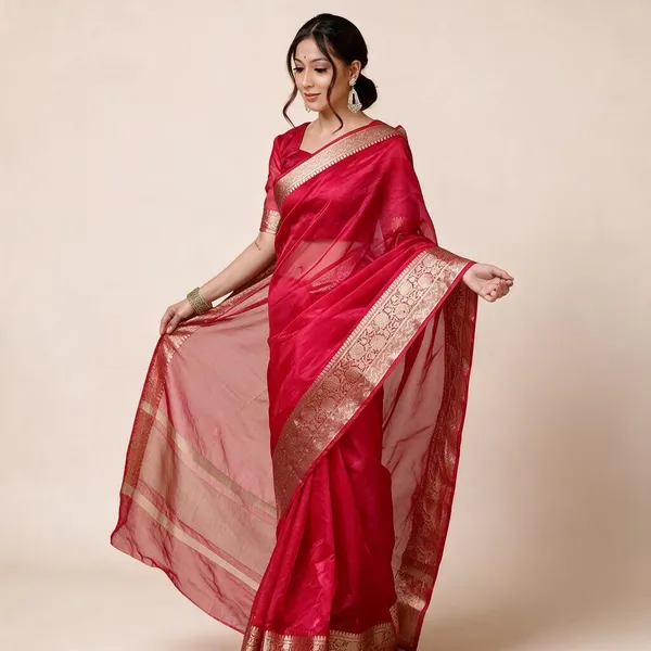 Red_Organza_Zari_Border_Saree_For_Women