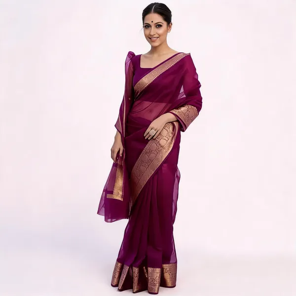 Wine_Organza_Zari_Border_Saree_For_Women