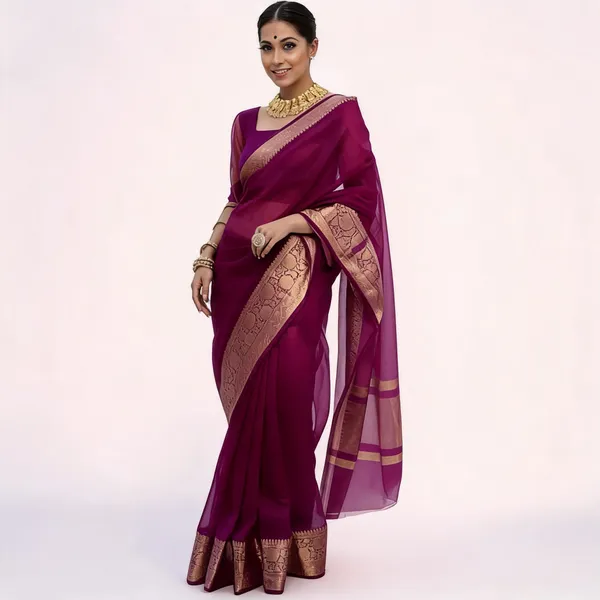 Wine_Organza_Zari_Border_Saree_For_Women