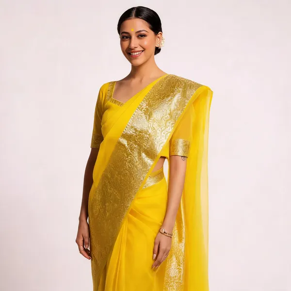 Yellow_Organza_Zari_Border_Saree_For_Women