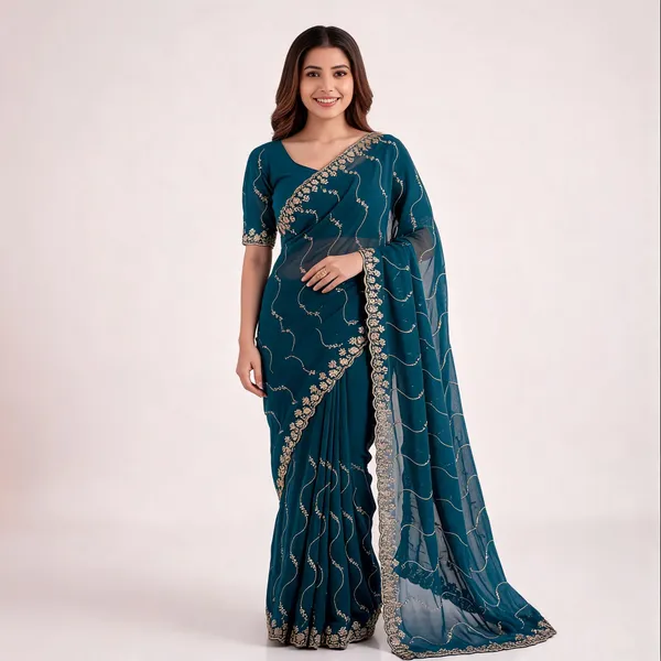 Teal_Star_Georgette_Embroidered_Leriya_Saree_For_Women