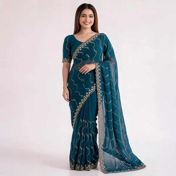 Teal_Star_Georgette_Embroidered_Leriya_Saree_For_Women