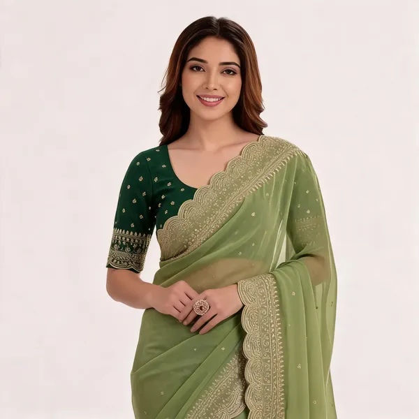 Green_Georgette_Embroidered_Buti_Saree_For_Women