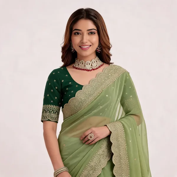Green_Georgette_Embroidered_Buti_Saree_For_Women