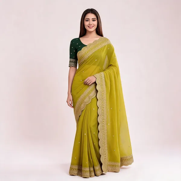 Lime_Georgette_Embroidered_Buti_Saree_For_Women