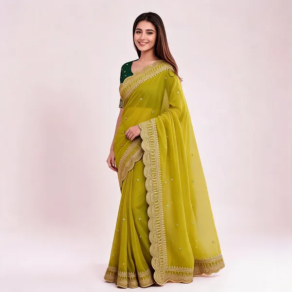 Lime_Georgette_Embroidered_Buti_Saree_For_Women