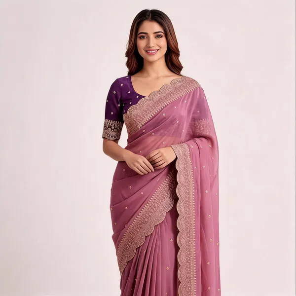 Rose_Pink_Georgette_Embroidered_Buti_Saree_For_Women