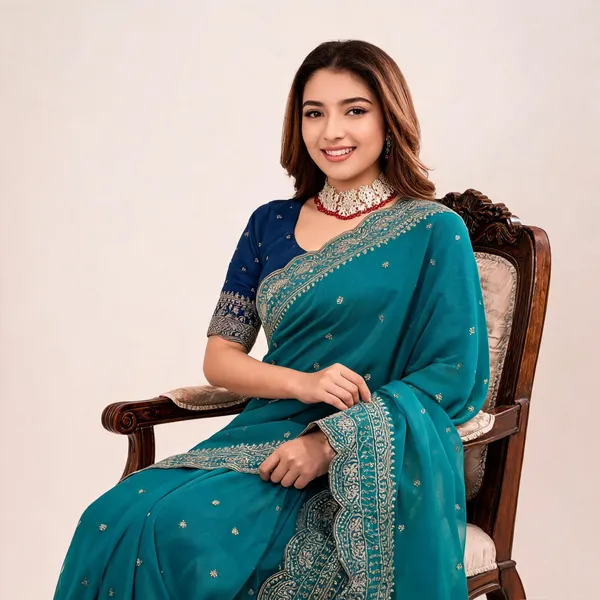 Teal_Georgette_Embroidered_Buti_Saree_For_Women