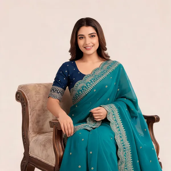 Teal_Georgette_Embroidered_Buti_Saree_For_Women