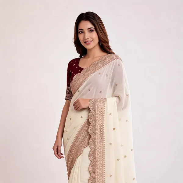 White_Georgette_Embroidered_Scalloped_Border_Saree_For_Women