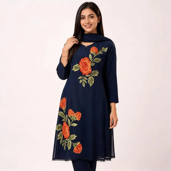Navy_Blue_Cotton_Rose_Embroidered_Straight_Kurta_Pant_Set_For_Women