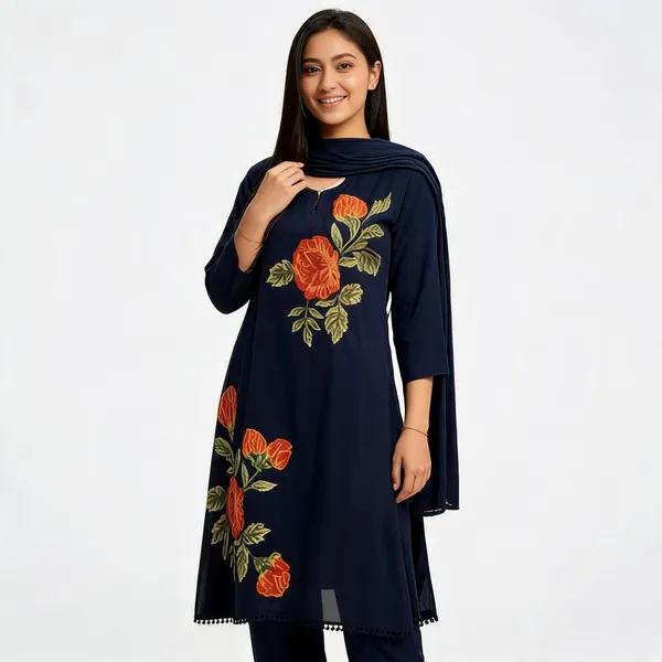 Navy_Blue_Cotton_Rose_Embroidered_Straight_Kurta_Pant_Set_For_Women