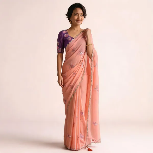 Peach_Georgette_Floral_Embroidered_Sequin_Saree_For_Women