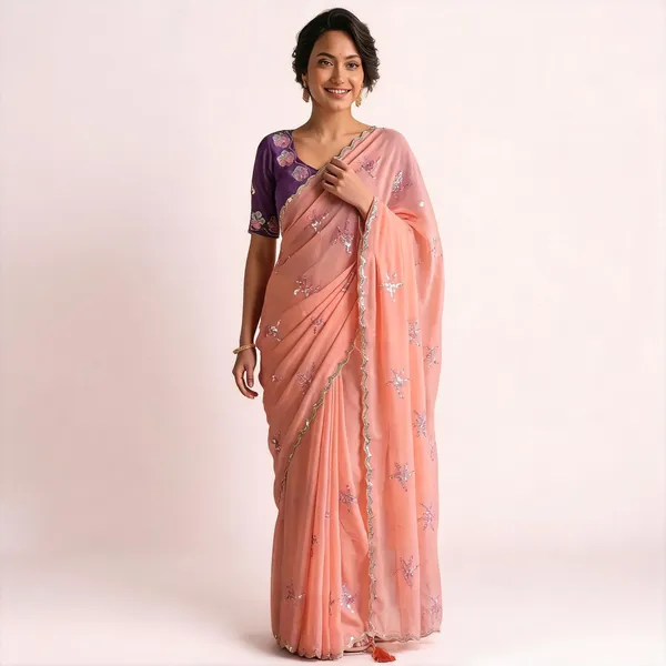 Peach_Georgette_Floral_Embroidered_Sequin_Saree_For_Women