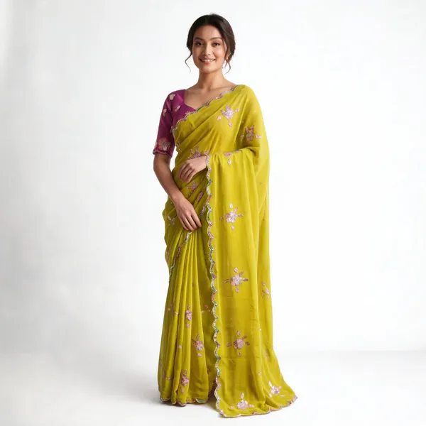Lime_Yellow_Georgette_Floral_Embroidered_Sequin_Saree_For_Women