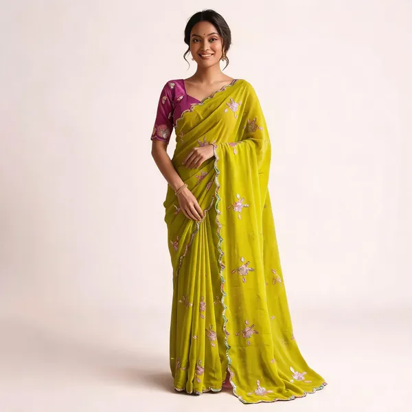 Lime_Yellow_Georgette_Floral_Embroidered_Sequin_Saree_For_Women