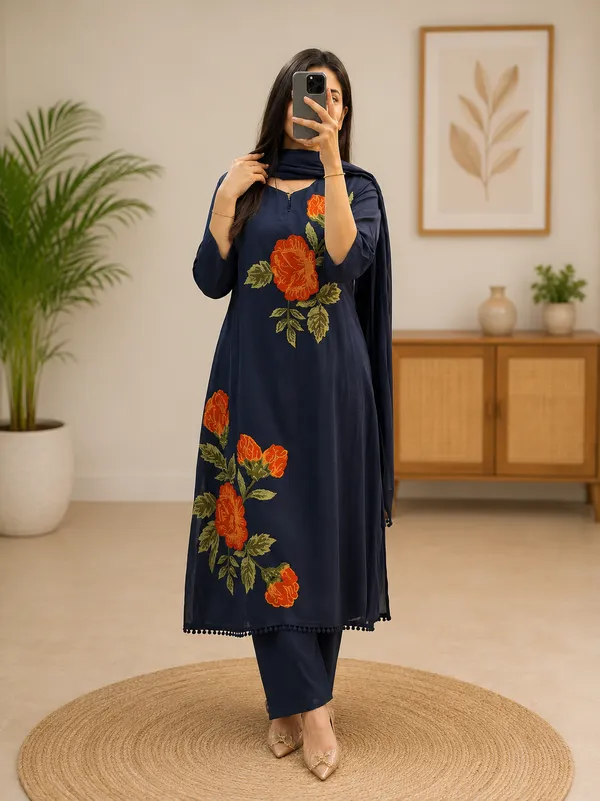 Navy_Blue_Cotton_Rose_Embroidered_Straight_Kurta_Pant_Set_For_Women