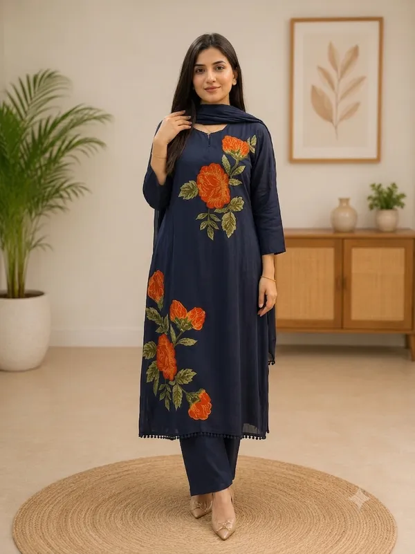 Navy_Blue_Cotton_Rose_Embroidered_Straight_Kurta_Pant_Set_For_Women