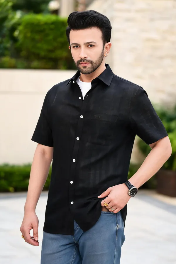 Black_Lyocell_Linen_Striped_Shirt_For_Men