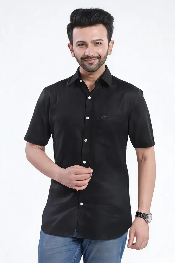 Black_Lyocell_Linen_Striped_Shirt_For_Men