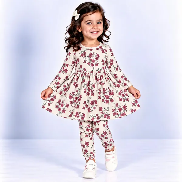 Cream_Poly_Cotton_Floral_Print_Full_Sleeve_Dress_Set_For_Girls