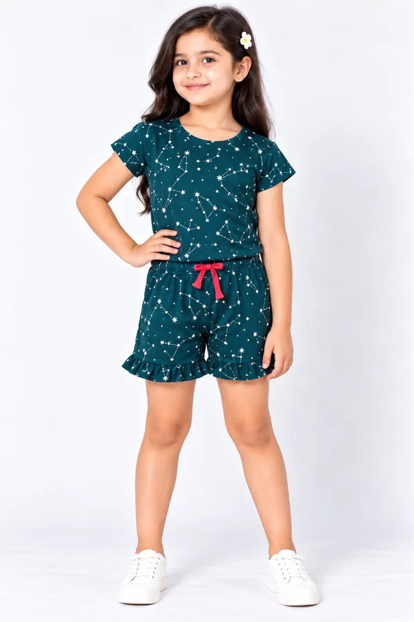 Green_Printed_Short_Sleeve_Top_And_Shorts_Set_For_Girls