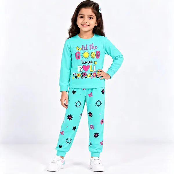 Turquoise_Poly_Cotton_Printed_Full-Sleeve_Sleepwear_Set_For_Girls