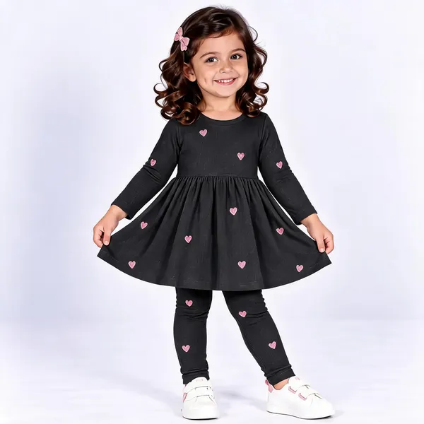 Black_Poly_Cotton_Heart_Print_Flared_Full_Sleeve_Dress_With_Leggings_For_Girls