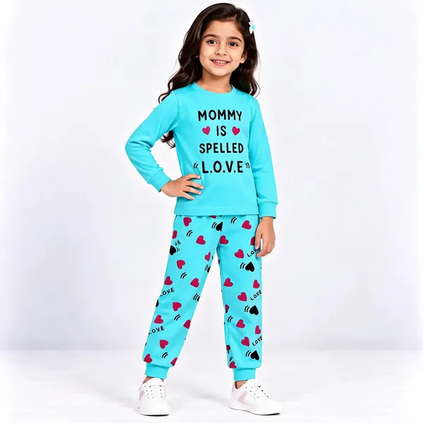 Turquoise_Poly_Cotton_Printed_Full-Sleeve_Sleepwear_Set_For_Girls
