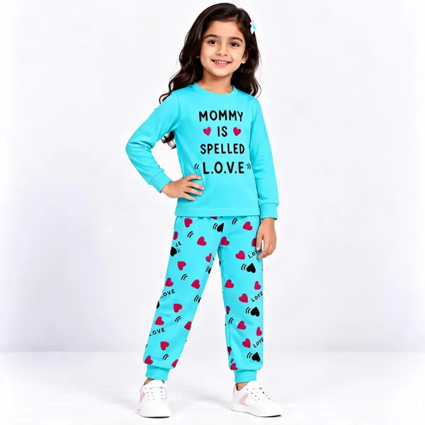 Turquoise_Poly_Cotton_Printed_Full-Sleeve_Sleepwear_Set_For_Girls
