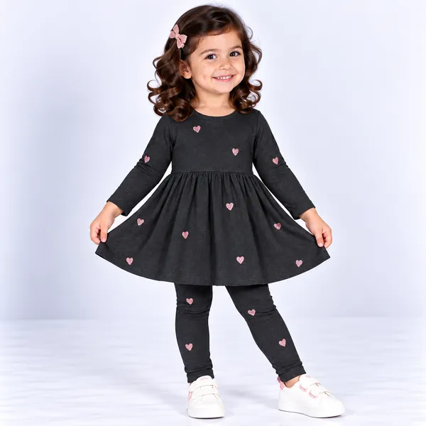 Black_Heart_Print_Flared_Dress_With_Leggings_for_Girls