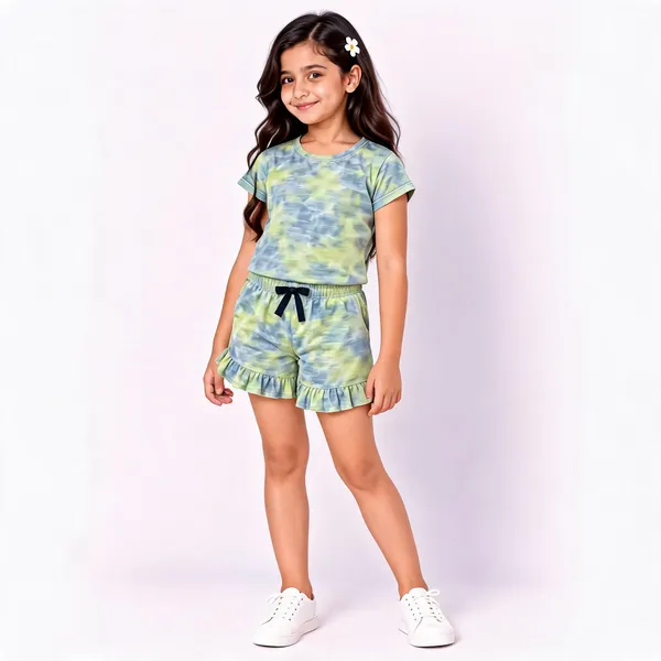 Green_Poly_Cotton_Tie-Dye_Relaxed_Fit_Shorts_Set_For_Girls