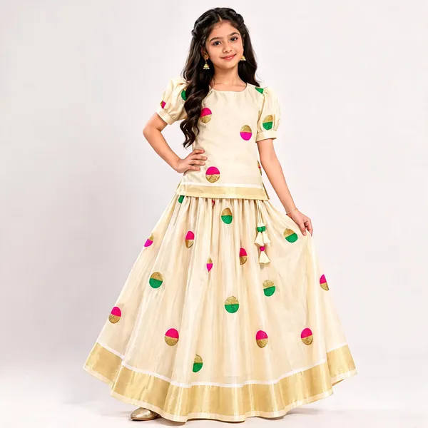 Cream_Pure_Silk_Printed_Flared_Lehenga_Set_For_Girls