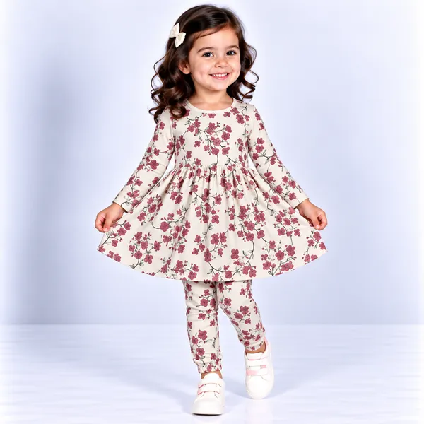 Cream_Floral_Print_Fit_And_Flare_Dress_Set_for_Girls