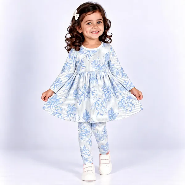 Blue_Poly_Cotton_Floral_Print_Flared_Dress_And_Leggings_Set_For_Girls
