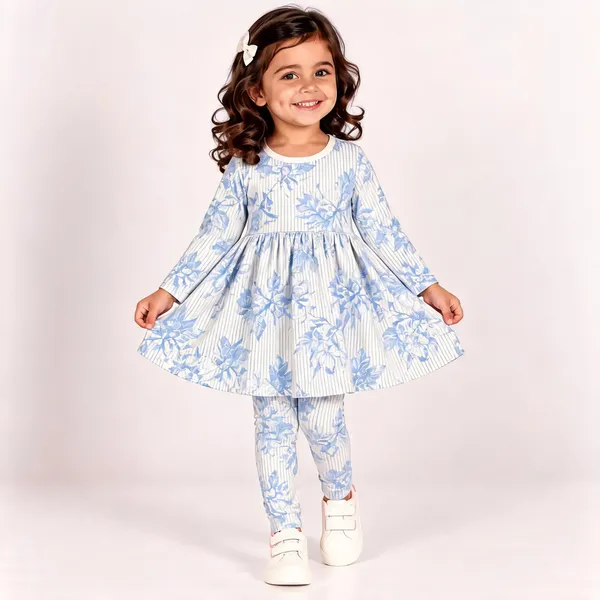 Blue_Poly_Cotton_Floral_Print_Flared_Dress_And_Leggings_Set_For_Girls
