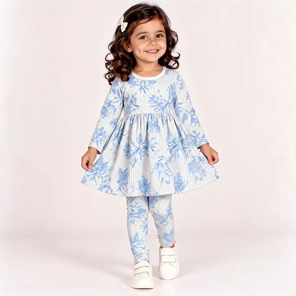 Blue_Poly_Cotton_Floral_Print_Full_Sleeve_Dress_And_Leggings_Set_For_Girls