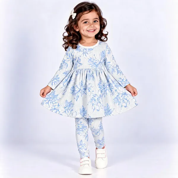 Blue_Poly_Cotton_Floral_Print_Full_Sleeve_Dress_And_Leggings_Set_For_Girls