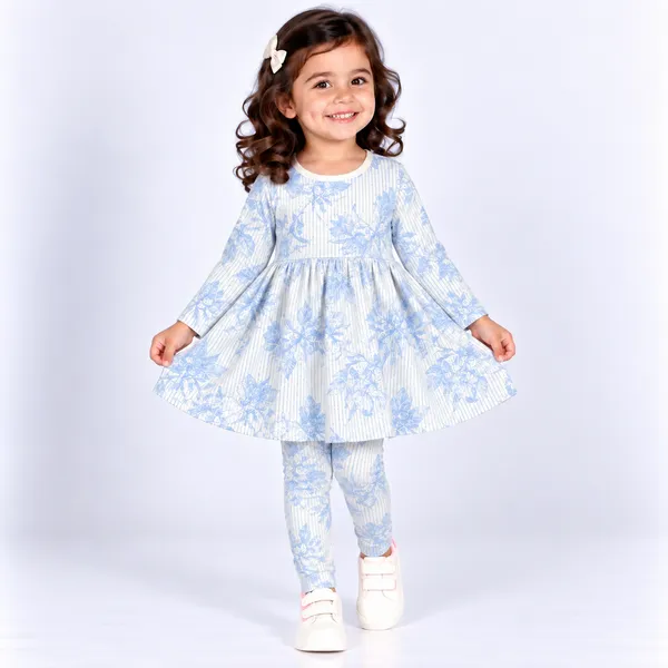 Blue_Floral_Print_Dress_And_Leggings_Set_for_Girls