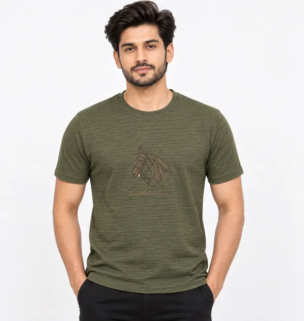 Olive_Green_Textured_Regular_Fit_T-Shirt_For_Men