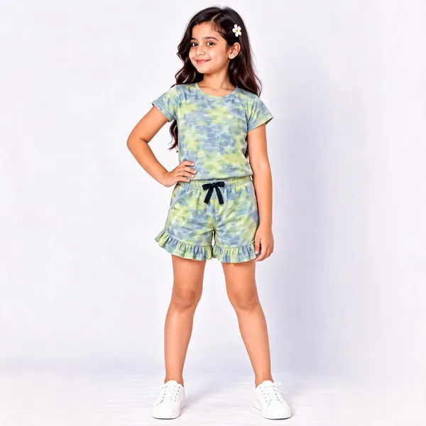 Green_Poly_Cotton_Tie-Dye_T-Shirt_And_Shorts_Set_For_Girls
