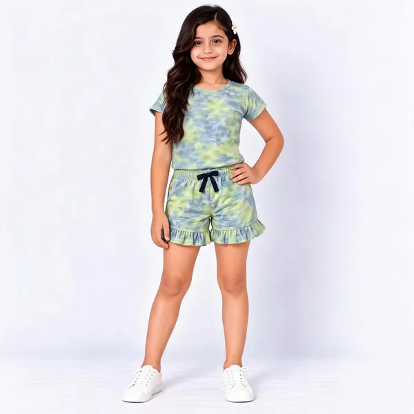 Green_Poly_Cotton_Tie-Dye_T-Shirt_And_Shorts_Set_For_Girls